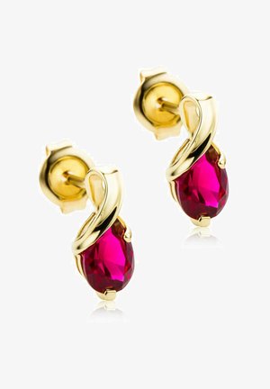 Pendientes en tono dorado con una gema rosa en forma de lágrima, acentuados con curvas suaves y un acabado pulido.