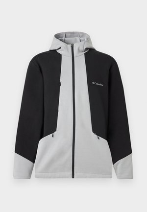 Men’s Columbia zip-up hoodie with black and light gray color blocks, front zipper, hood, and zippered chest and side pockets.