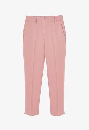 Różowespodnie długie wykonane z gładkiego materiału. Posiadają górne kieszenie frontowe, płaski przód oraz prostą nogawkę. Kończą się powyżej kostki.