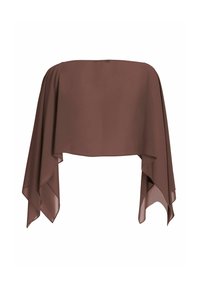 Cape marron transparent asymétrique avec tissu fluide drapé, plus long sur les côtés, texture lisse, sans attaches visibles.