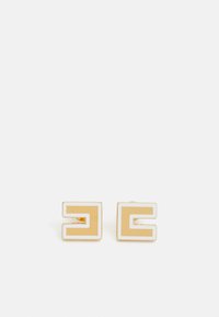 Gold-tone geometric stud earrings featuring square shapes with white enamel accents and contrasting inner lines. Elegant modern design.