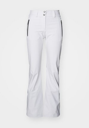 White ski pants made of soft shell fabric, featuring a straight leg design, two side zippered pockets, and dual button closures at the waist.