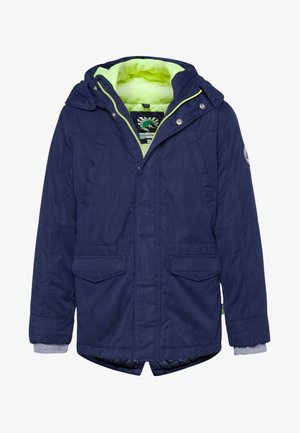 Veste bleu marine avec doublure verte, dotée d'une capuche, de deux poches avant et d'une fermeture éclair. Tissu texturé avec un design classique.