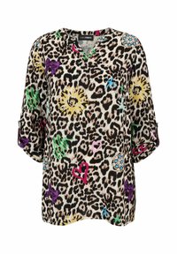 Hemdbluse mit Tiermuster in schwarz-beige Farbschema, verziert mit lebhaften Mustern wie Herzen und Blumen sowie mit Schmuckakzenten an den Schultern.