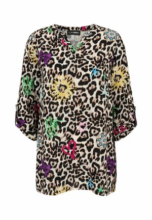 Hemdbluse mit Tiermuster in schwarz-beige Farbschema, verziert mit lebhaften Mustern wie Herzen und Blumen sowie mit Schmuckakzenten an den Schultern.