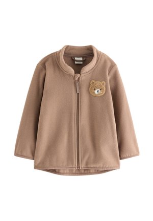 Brown fleece jacket with full front zipper and small teddy bear patch on the left chest, designed for children.