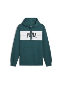 Sudadera con capucha verde azulado que presenta una franja horizontal blanca y texto "PUMA" en negro. Incluye un bolsillo frontal tipo canguro y puños de canalé.