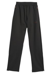 Zwarte sportbroek met een elastische tailleband, textuurstof, rode accenten en ritszakken aan de zijkant. Tapered broekdesign met openingen.