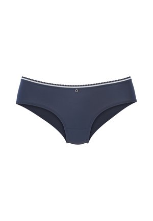 Navy blue women’s hipster underwear with a small central ring detail and scalloped trim along the waistband.