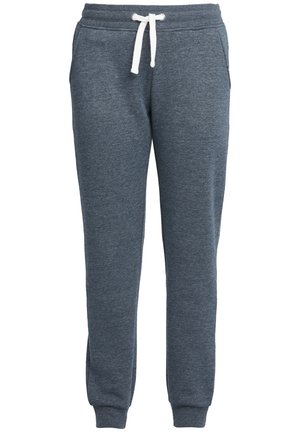 Pantalons de survêtement en coton gris foncé avec une taille élastique, cordon de serrage blanc, poches latérales et encolures côtelées aux chevilles.