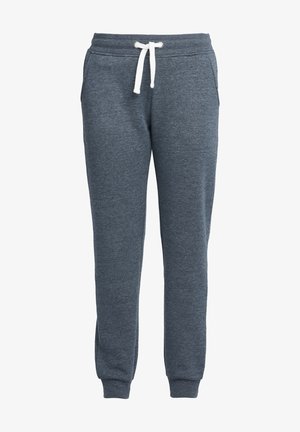 Pantaloni della tuta in cotone grigio scuro con vita elastica, coulisse bianca, tasche laterali e polsini a costine alle caviglie.