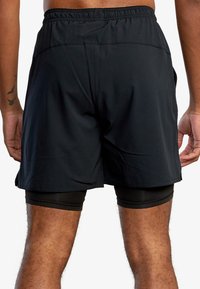 Black athletic shorts with an elastic waistband, lightweight fabric, and inner compression layer. Smooth texture with minimal seams.