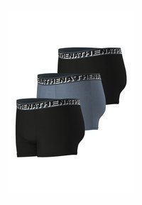 Trois paires de boxers en noir et gris. Chaque paire dispose d'une ceinture douce avec le texte "NATHAN". Le tissu semble lisse et extensible.