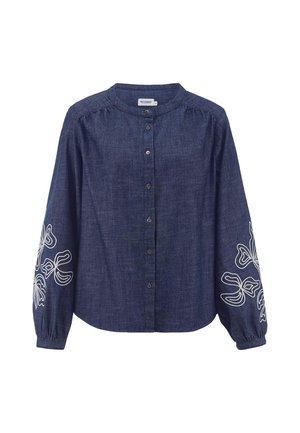 Dunkelblaue Bluse mit Knopfleiste, langen Puffärmeln und weißer Blumenstickerei auf den unteren Ärmeln, mit rundem Ausschnitt.