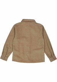 Bruine corduroy shirt, lange mouwen, knoopmanchetten en een kraag. Getextureerde stof met een verticale ribbelpatroon, rechte zoomdesign.