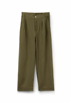 Široké kalhoty v barvě olivově zelené s knoflíkovým zapínáním, elastickým pasem, předními záhyby a bočními kapsami, zobrazené na bílém pozadí.