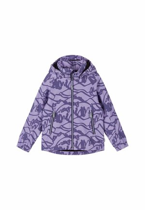 Kinder hellviolette Kapuzenjacke mit abstraktem, dunklerem violettem Muster, Frontreißverschluss und seitlichen Reißverschlusstaschen.