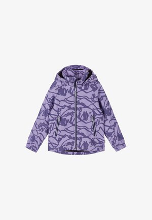 Kinder hellviolette Kapuzenjacke mit abstraktem, dunklerem violettem Muster, Frontreißverschluss und seitlichen Reißverschlusstaschen.