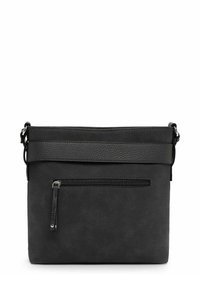 Black suede crossbody bag with a textured leather strap and a front zipper pocket. Flat design with a minimalist silhouette.