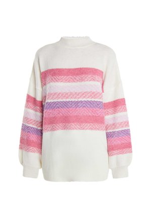 Valge pikkade varrukatega sviiter roosa, lillaka ja lavendlise horisontaalse triibuga. Omab kõrget kaelust ja pehmet, tekstureeritud kangast.