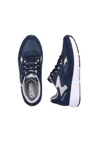 Navy blue athletic shoes featuring a mix of suede and mesh materials, with a cushioned sole and white accents. Lace-up design.