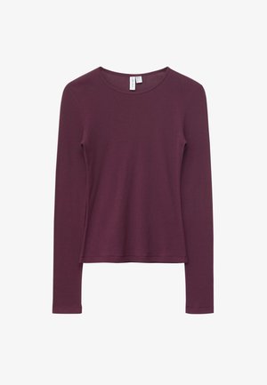 Long-sleeve, crew neck, fitted top in solid deep purple fabric with simple hem detailing and no additional patterns or embellishments.