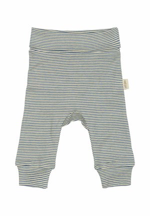 Raidalliset vauvan shortsit pehmeästä kankaasta. Sisältää sinisiä ja kermaisen vaaleita vaakasuoria raidoituksia, joustavan vyötärön ja nilkkateipit.