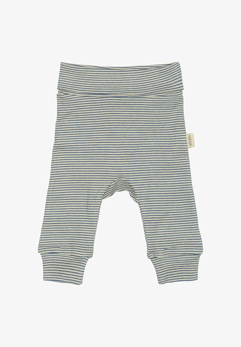 Shorts per bambini a righe realizzati in tessuto morbido. Presentano righe orizzontali blu e crema, una vita elasticizzata e polsini alla caviglia.