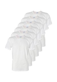 Set di sette t-shirt bianche in cotone, con maniche corte, scollo rotondo e dettaglio con bottoni sulla parte anteriore.