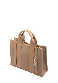 Beige stof en neplederen tote bag met dubbele handvatten, verticaal paneelontwerp en een goudkleurig accentdetail aan de zijkant.