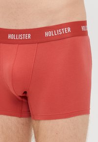 Boxer briefs vermelhos em algodão com um design ajustado e uma cinta elástica apresentando "HOLLISTER" em letras brancas. Textura suave, corte médio.