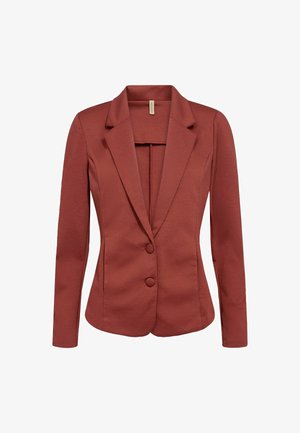 Rostfarbene taillierte Blazerjacke mit Reverskragen, zwei vorderen Knöpfen und langen Ärmeln. Hergestellt aus einem glatten, dehnbaren Stoff ohne Taschen.