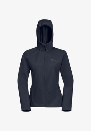 Sötétkék softshell dzseki kapucnival, teljes hosszúságú cipzárral, két oldalsó zsebbel és logóval a bal felső oldalon. Sima textúra.