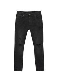 Sorte slim-fit jeans med slidte huller på lår og knæ, fem-lomme stil, frontknap og lynlås lukning.