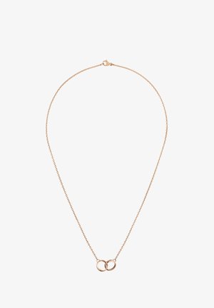 Colier din aur roz cu un pandantiv format din două cercuri interconectate, textură netedă și închidere cu un carabinier sigur.