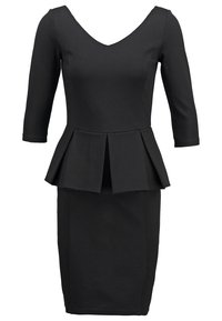 Robe noire à encolure en V, manches trois-quarts et taille peplum. Confectionnée dans un tissu extensible, avec une jupe ajustée.