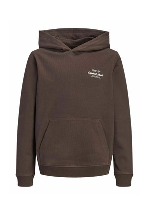 Sweat à capuche marron avec poche kangourou devant et petit logo texte blanc sur la poitrine.