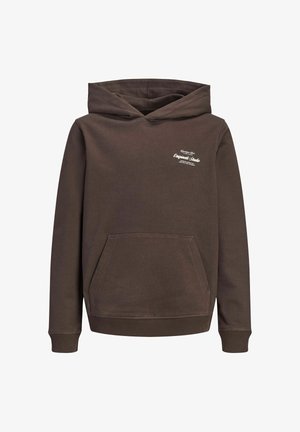 Sweat à capuche marron avec poche kangourou devant et petit logo texte blanc sur la poitrine.