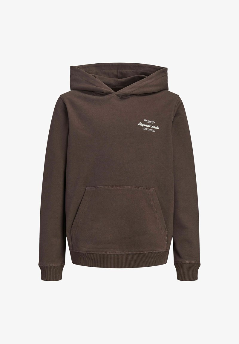 Sweat à capuche marron avec poche kangourou devant et petit logo texte blanc sur la poitrine.