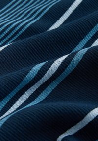 Tissu bleu marine à rayures horizontales en bleu clair et blanc, présentant une texture côtelée et une finition douce et lisse.