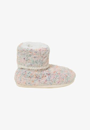 Knit slipper in pastel colors with a textured pattern, featuring a fluffy white lining and a soft, flexible sole.