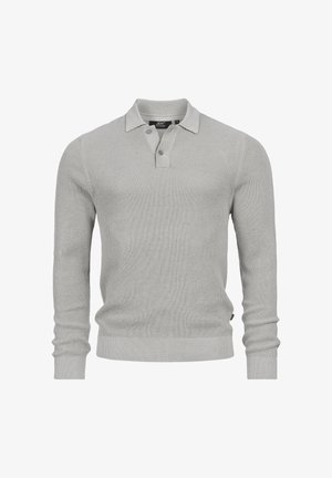 Hellgrauer Langarm-Polo-Pullover mit strukturiertem Strickmuster, einer Knopfleiste mit zwei Knöpfen sowie gerippten Bündchen und Saum.
