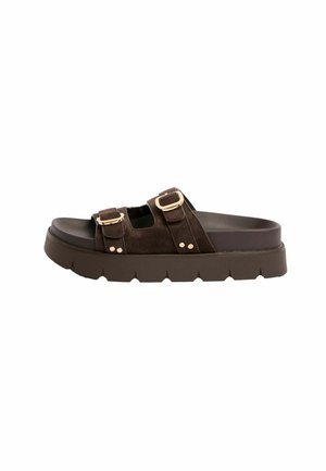 Brown slide sandal with two adjustable buckle straps and thick textured sole, displayed side view on white background.