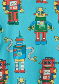 Robot colorati in stile vintage con volti sorridenti su uno sfondo blu brillante, caratterizzati da ingranaggi, quadranti e braccia flessibili.