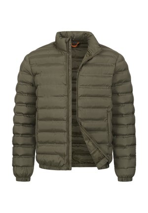 Olivově zelená prošívaná bunda s vysokým límcem, předním zipem, elastickými manžetami a spodním lemem, má hladký, lesklý povrch.