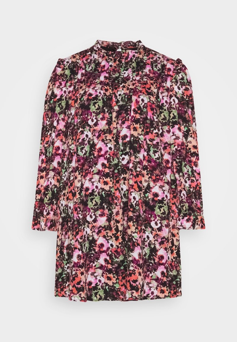Robe à manches longues avec imprimé floral rose, vert, orange et noir et col montant, présentée sur fond blanc.