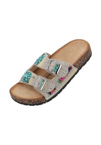 Sandalo slide con perline e due fibbie metalliche regolabili, caratterizzato da accenti turchesi, rosa e neutri su una piattaforma in sughero e suola in gomma.