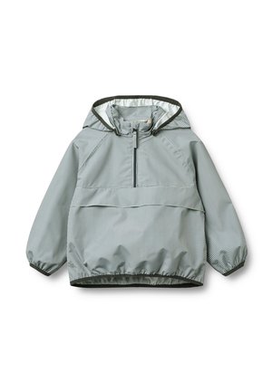 Rompevientos con capucha de color gris claro con un fino patrón de cuadros, media cremallera frontal, puños elásticos y dobladillo elástico, mostrado sobre un fondo blanco.