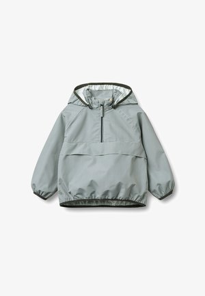 Light gray hooded windbreaker with fine check pattern, half-zip front, elastic cuffs, and elastic hem, displayed on a white background.