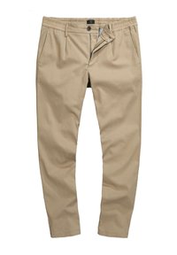 Khaki chino's met een gladde stof, elastische tailleband, knoopsluiting en zijzakken. Rechtonde ontwerp, effen afwerking zonder patronen.